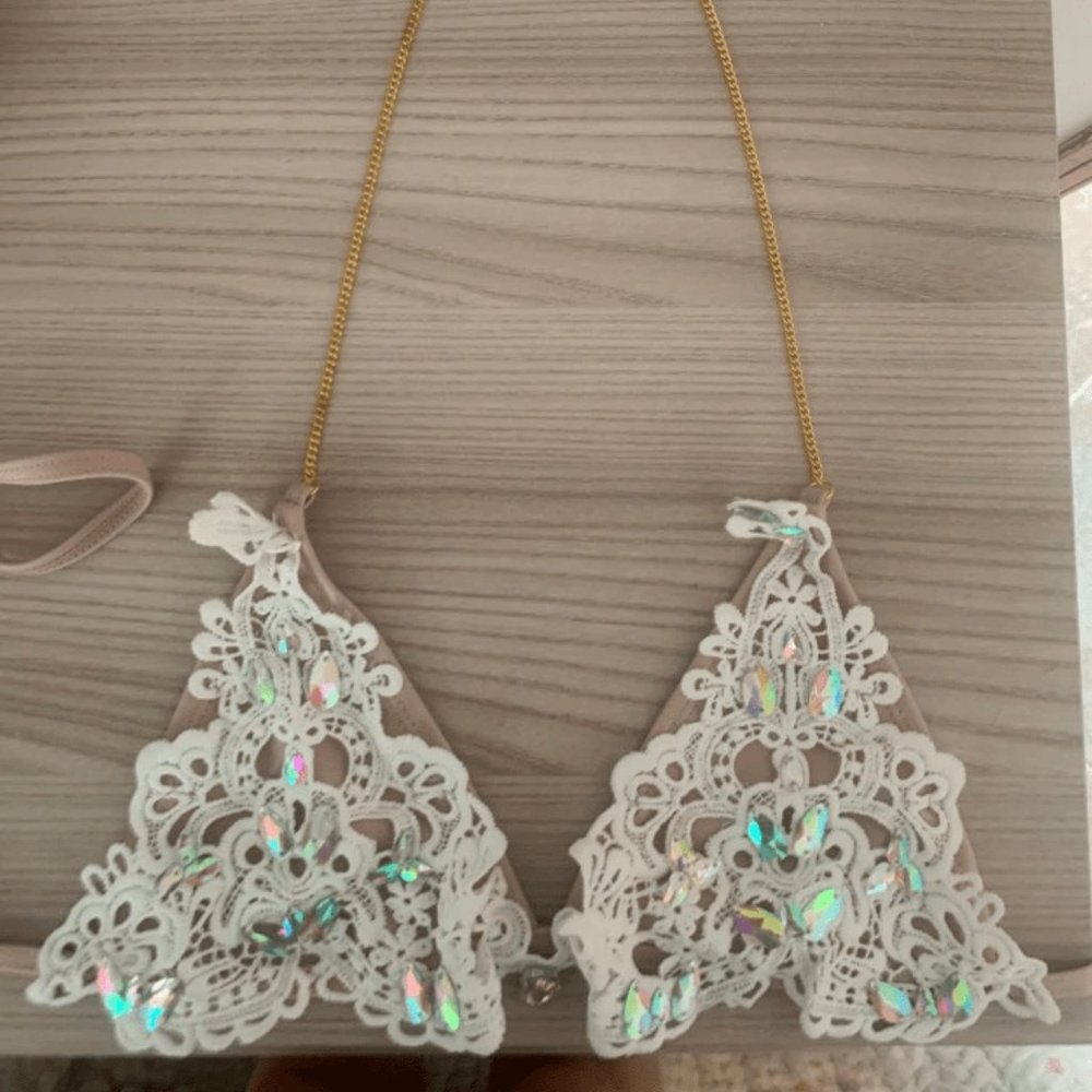 NWOT Gorgeous Jeweled Nude Lace Bikini - Picture 7 of 8